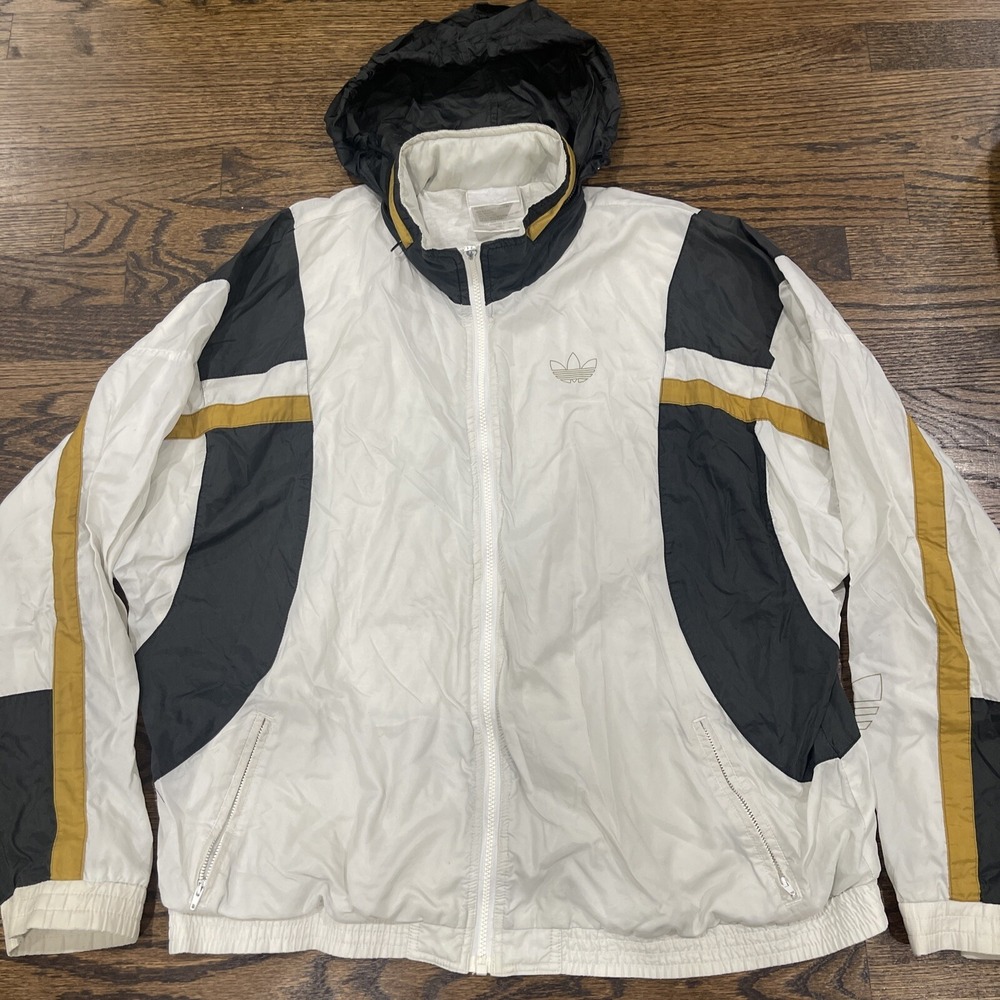 Rare VTG ADIDAS Trefoil Striped Hooded Full Zip Windbreaker Jacket 80s 90s Black